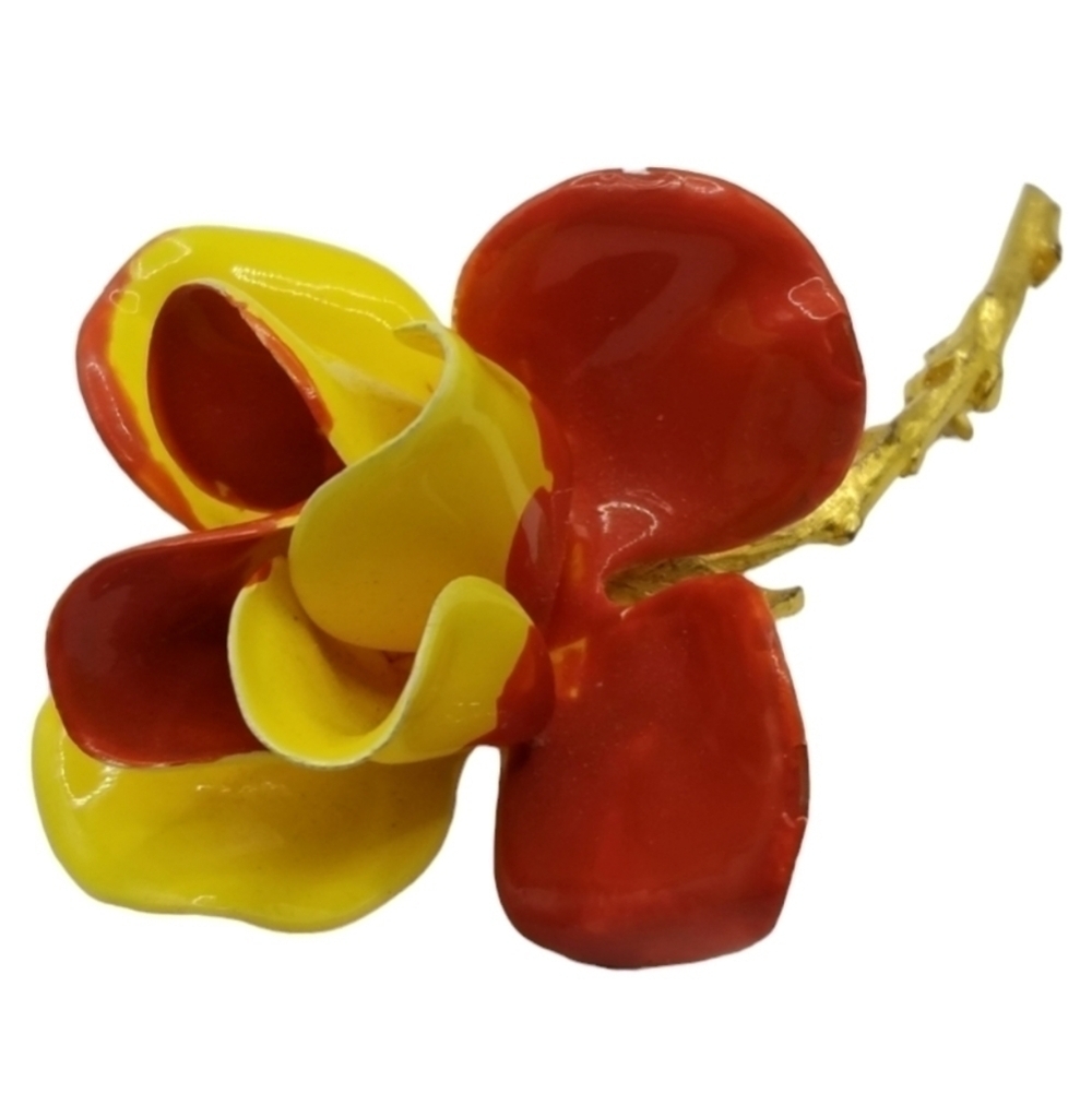 Vintage Enamel Flower Gold Tone Stem Brooch Pin Orange Yellow Large High Gloss